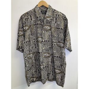 Murano Shirt Mens L Aztec Print 60 Singles Cotton Lawn Hawaiian‎ Button Up Brown